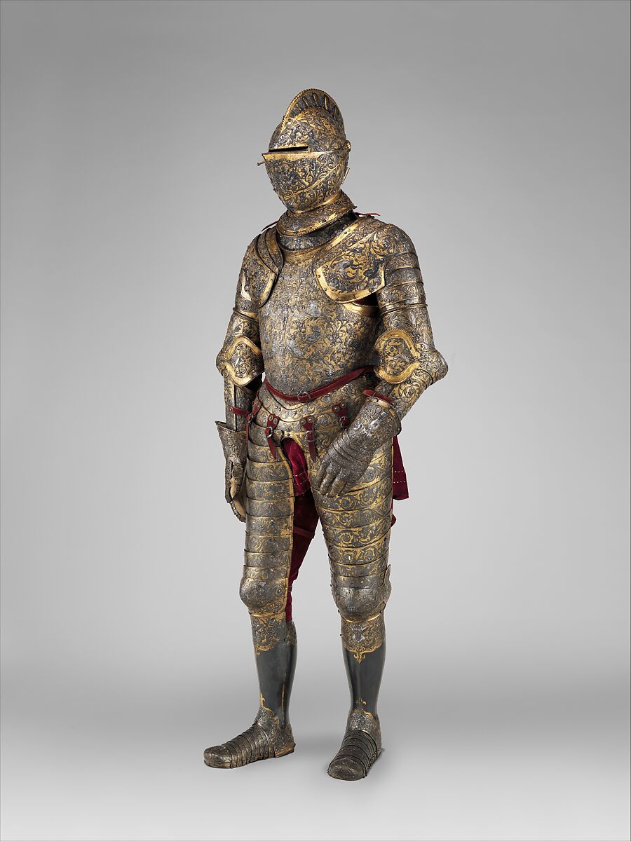 Armor of Henry II, King of France (reigned 1547–59), Jean Cousin the Elder  French, Steel, gold, silver, leather, textile, French, possibly Paris