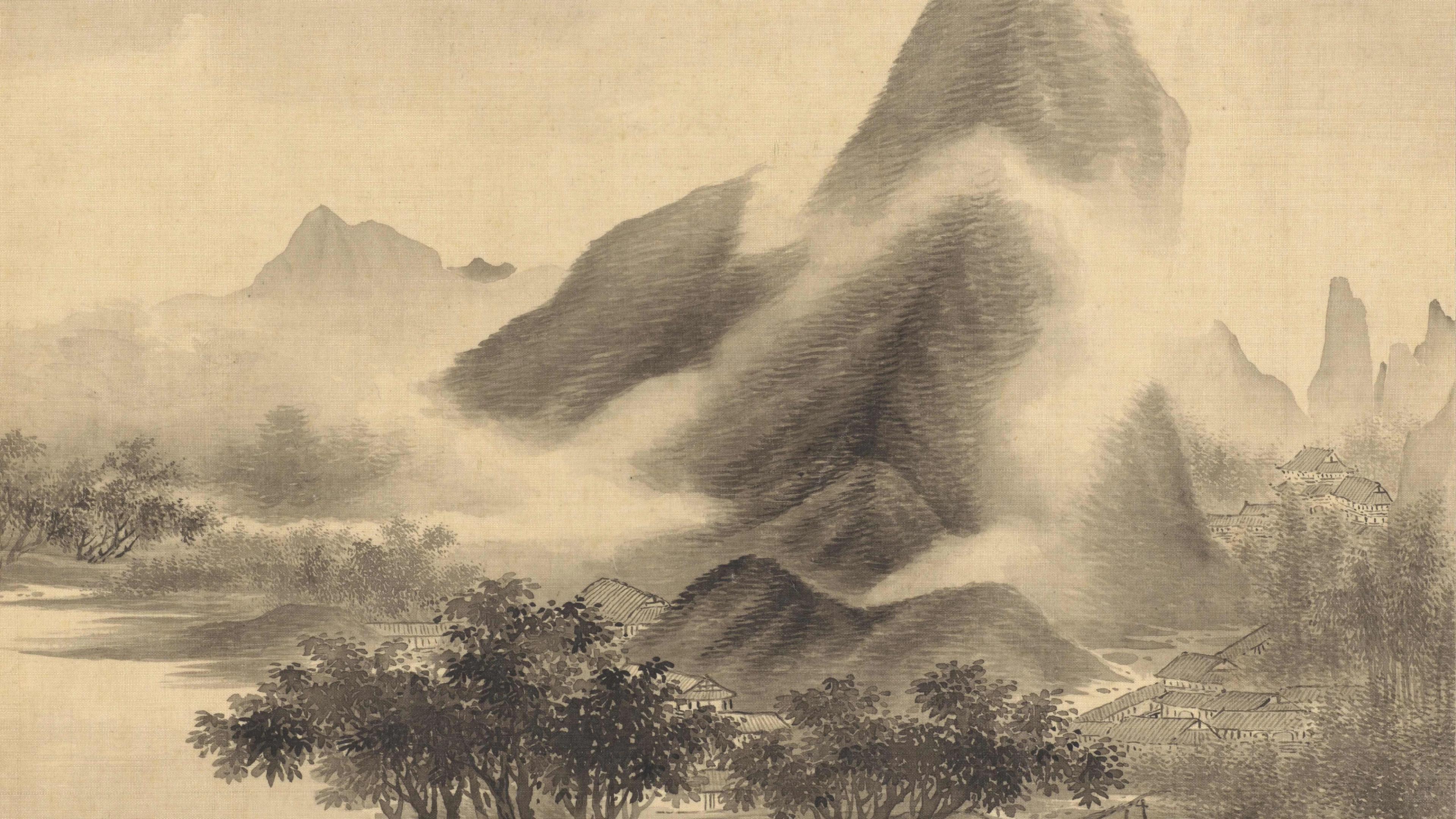 Monochrome landscape painting of towering mountains shrouded in mist, with trees and traditional houses in the foreground.