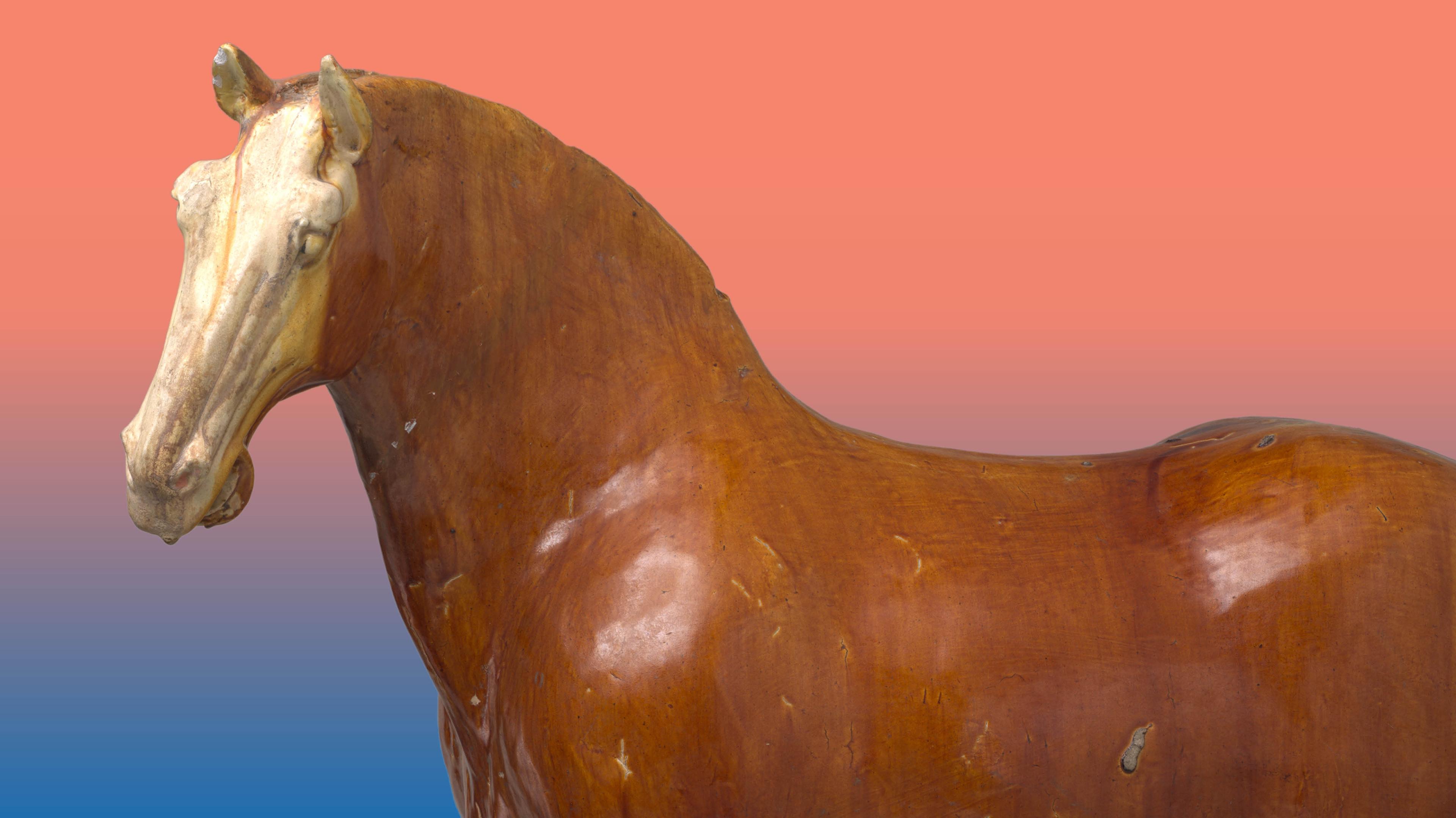 A wooden horse sculpture with a glossy finish, showcasing a realistic texture. The background is a gradient of warm orange to cool blue, creating a vintage feel.
